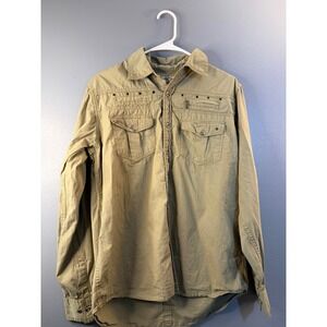 Emcee Mens Tan Khaki Cotton Button Down Shirt Grommet Detail Embroidered Back M